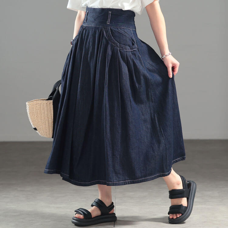 大きいサイズ レディース タックフレアデニムスカート　wd-0343 ワンウォッシュネイビー
