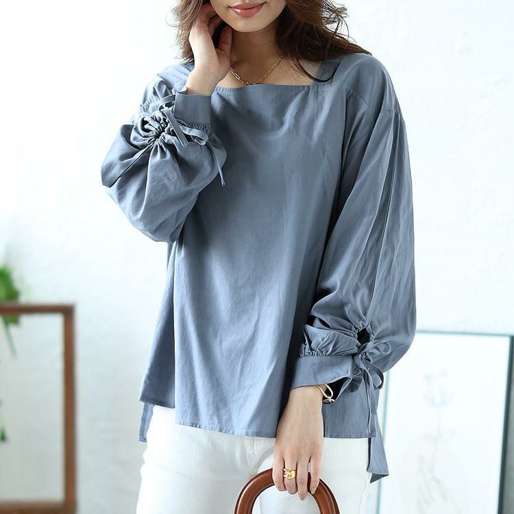 大きいサイズ レディース 袖ドロストブラウス　fem-341 ブルー