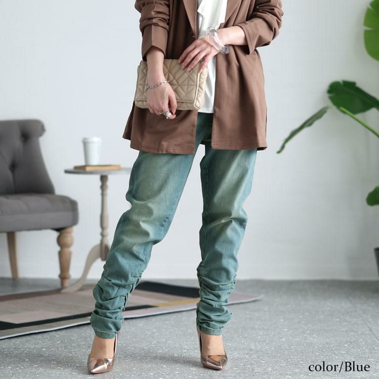 大きいサイズ レディース ウエストリブデニムパンツ　wd-0120 ブルー