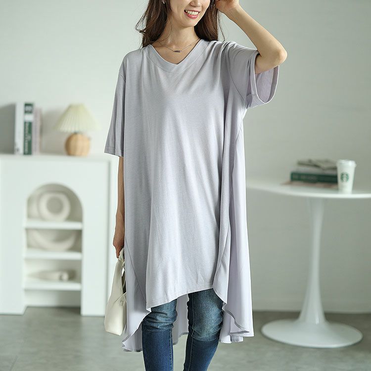 大きいサイズ レディース 異素材テールカットチュニック　mncut-122248f