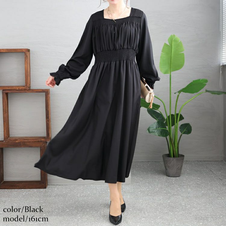 大きいサイズ レディース スクエアネックシャーリングワンピース　maru-6654