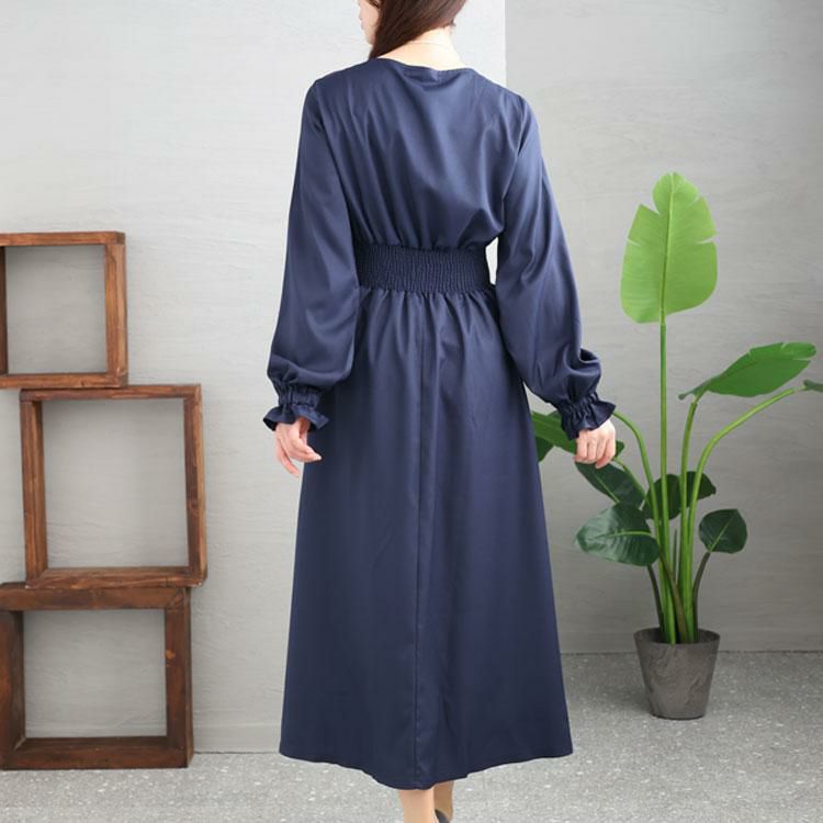 大きいサイズ レディース スクエアネックシャーリングワンピース　maru-6654 ネイビー