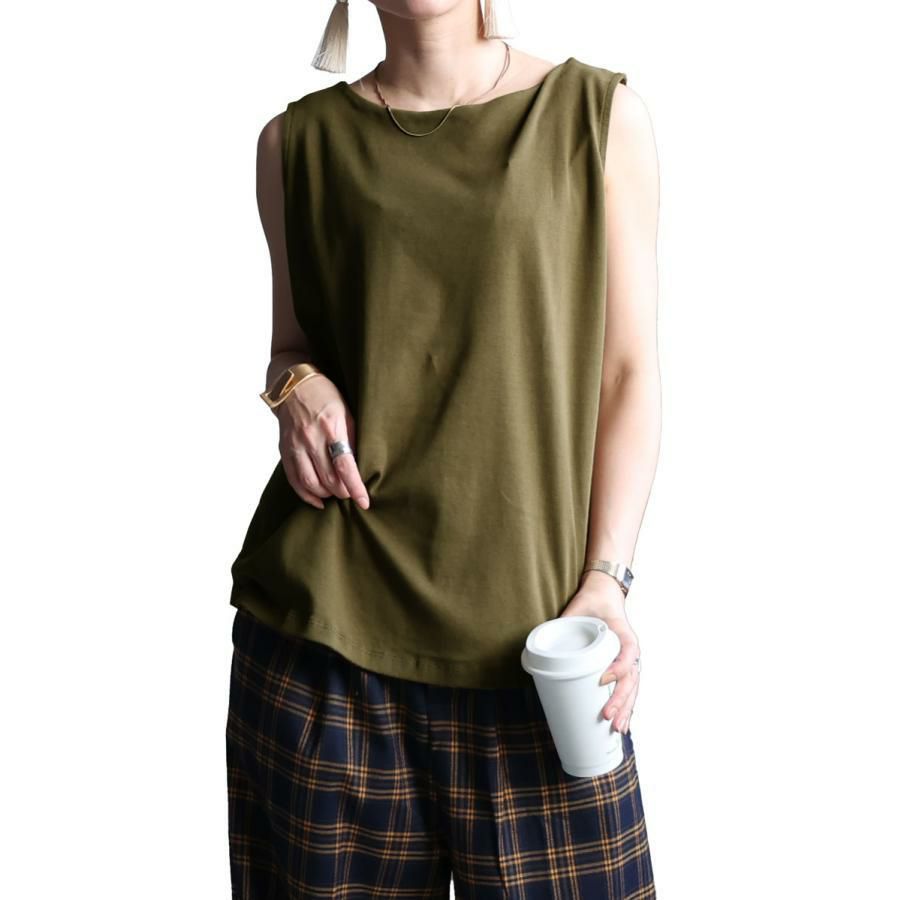 大きいサイズ レディース ボートネックタンクトップ　wk-0309 カーキ