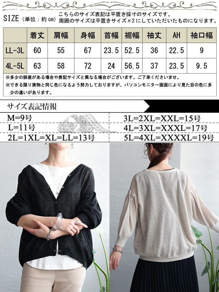 大きいサイズ レディース メッシュ編みVネックカーディガン　wn-0137