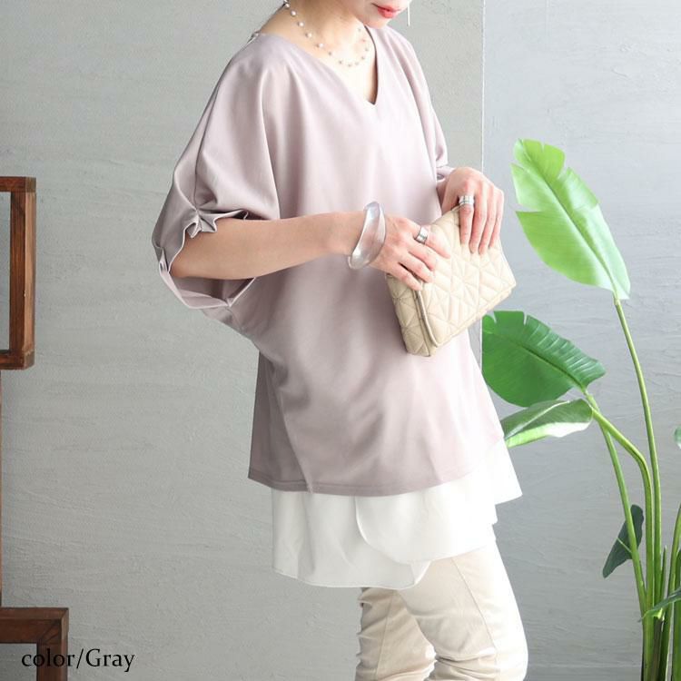 大きいサイズ レディース 袖タックプルオーバー　mncut-132039 グレー