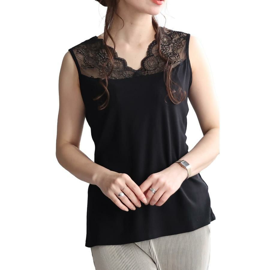 大きいサイズ レディース ストレッチレースタンクトップ　maru-6657 【メール便可】 ブラック