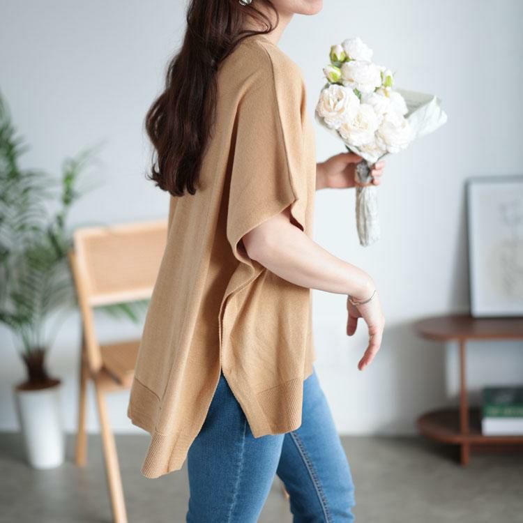 大きいサイズ レディース ポンチョ風Vネックプルオーバー　sada-6846 キャメル
