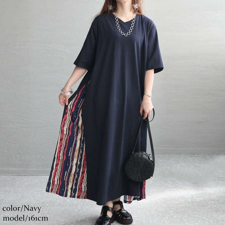大きいサイズ レディース 接触冷感脇切替ワンピース　kt-23001 ネイビー