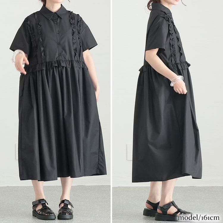 大きいサイズ レディース フリルシャツワンピース　goldy-1249 ブラック