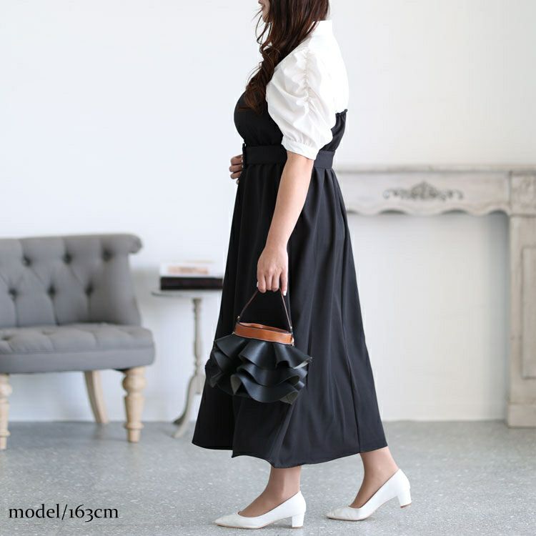 大きいサイズ レディース レイヤード風ベルト付きパワショルワンピース　maru-36129