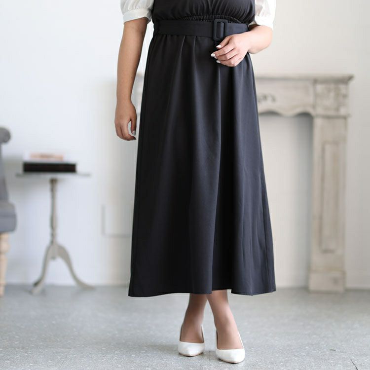 大きいサイズ レディース レイヤード風ベルト付きパワショルワンピース　maru-36129