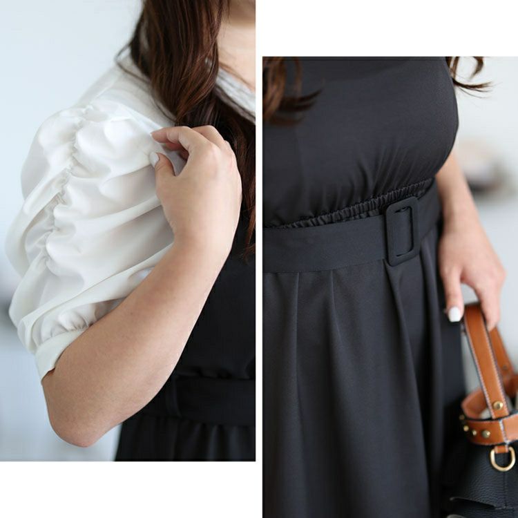 大きいサイズ レディース レイヤード風ベルト付きパワショルワンピース　maru-36129