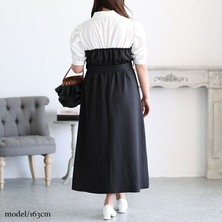 大きいサイズ レディース レイヤード風ベルト付きパワショルワンピース　maru-36129