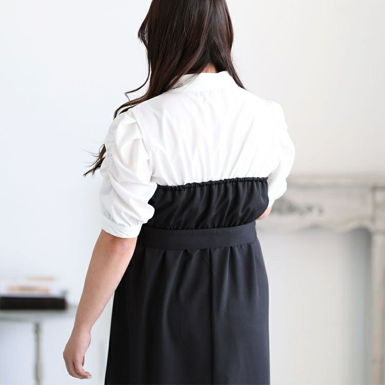 大きいサイズ レディース レイヤード風ベルト付きパワショルワンピース　maru-36129