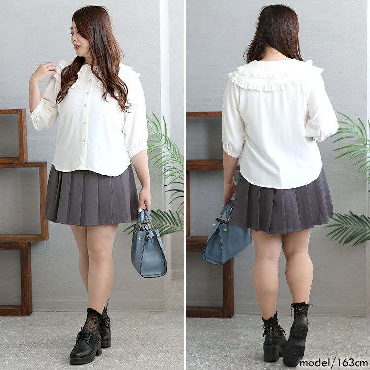 大きいサイズ レディース フリル襟ブラウス　goldy-1295