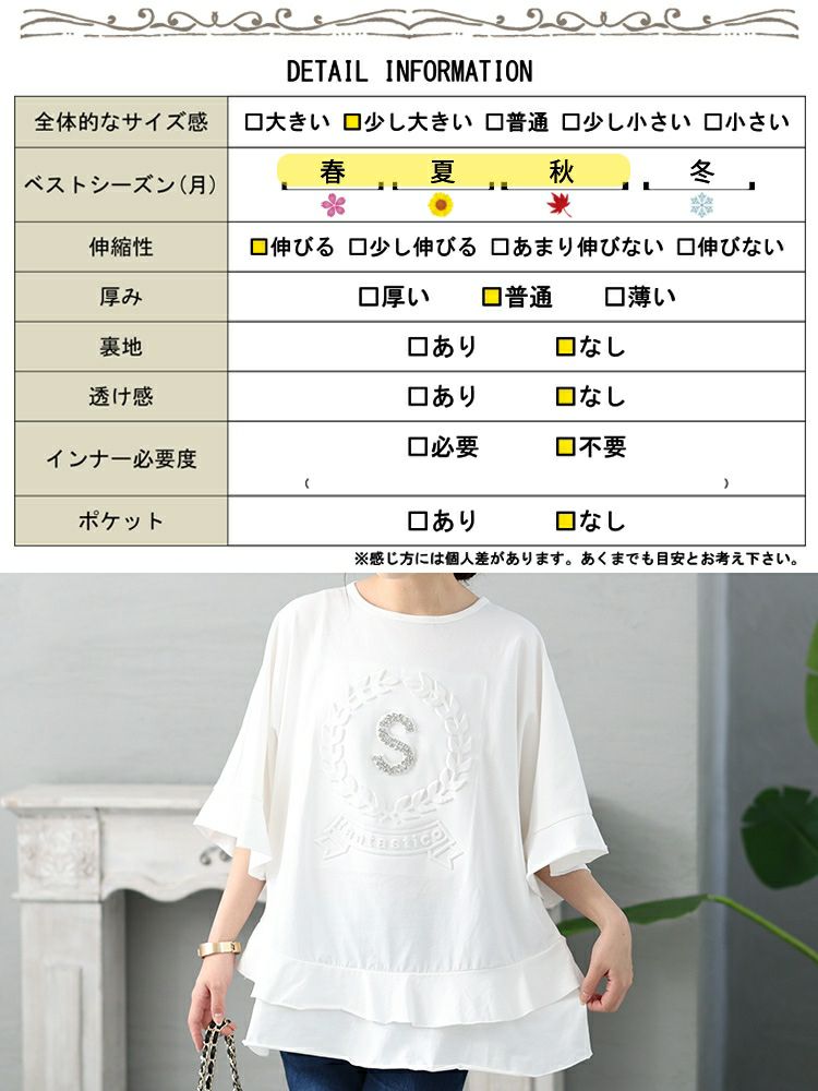 大きいサイズ レディース ビジュー立体ロゴフリルカットソー　jp473 【メール便可】