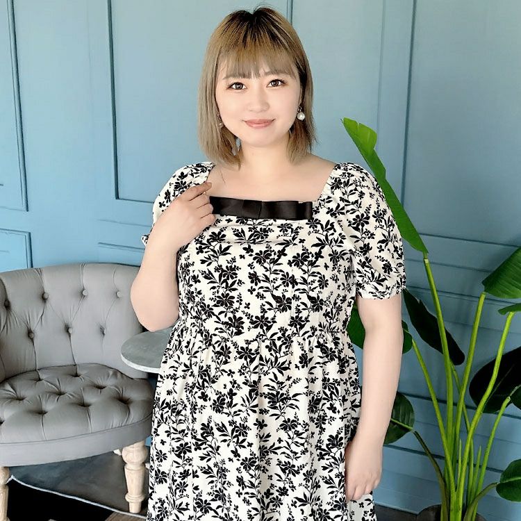 大きいサイズ レディース 胸元リボン花柄ワンピース　goldy-1280 ゆうパケット可