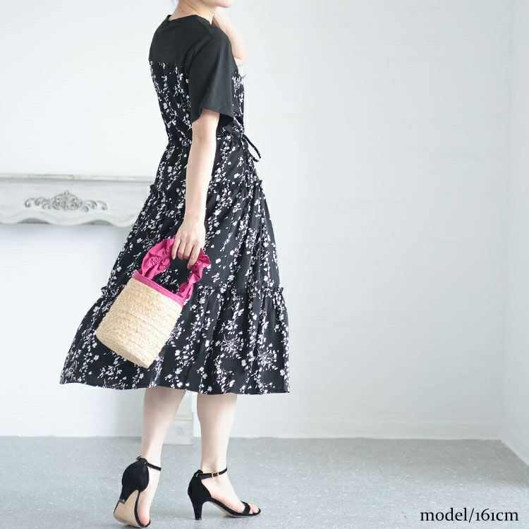 大きいサイズ レディース 花柄切替えティアードワンピース　goldy-1298