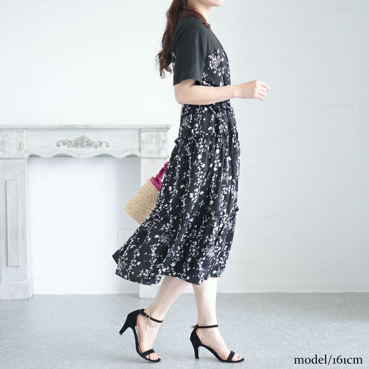 大きいサイズ レディース 花柄切替えティアードワンピース　goldy-1298