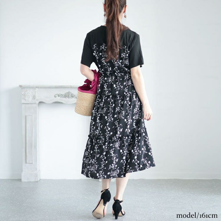 大きいサイズ レディース 花柄切替えティアードワンピース　goldy-1298