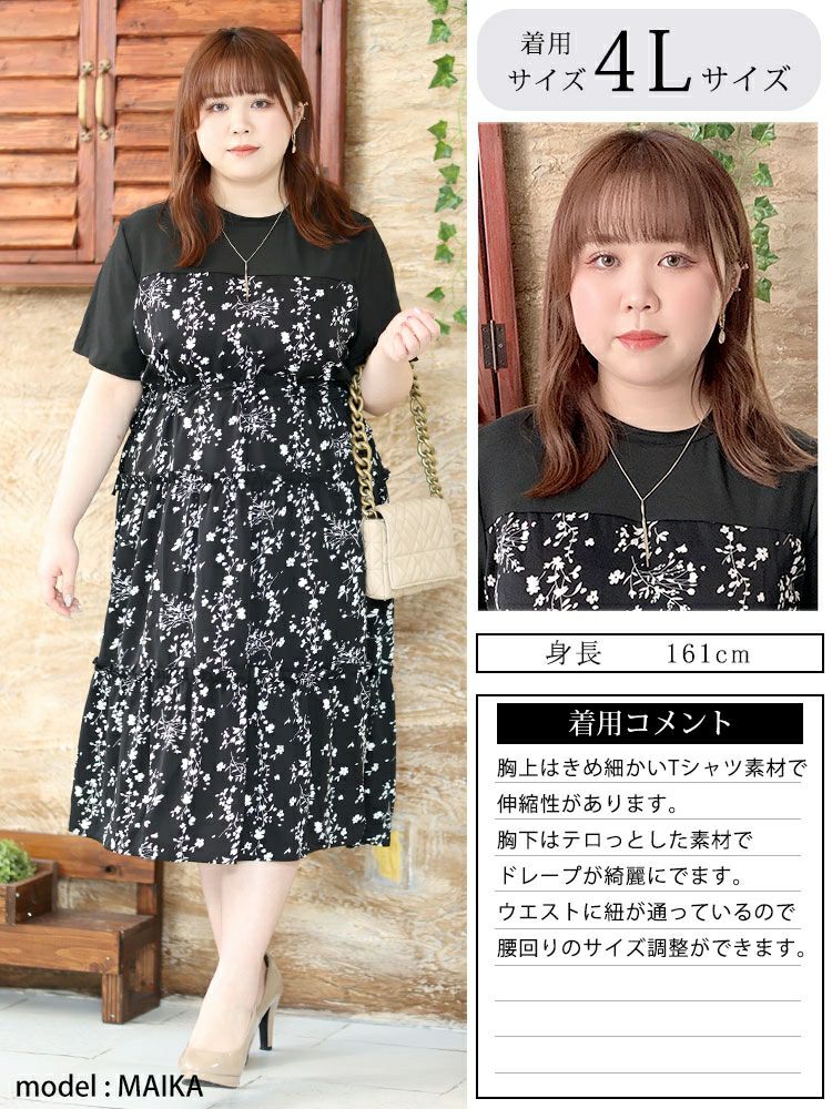 大きいサイズ レディース 花柄切替えティアードワンピース　goldy-1298