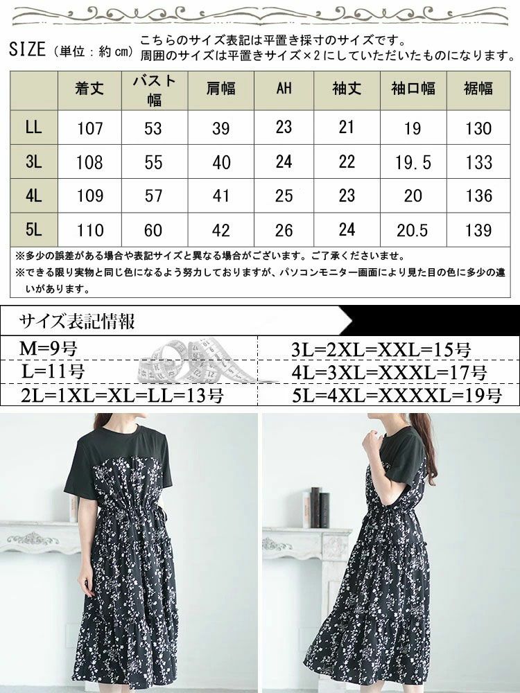 大きいサイズ レディース 花柄切替えティアードワンピース　goldy-1298