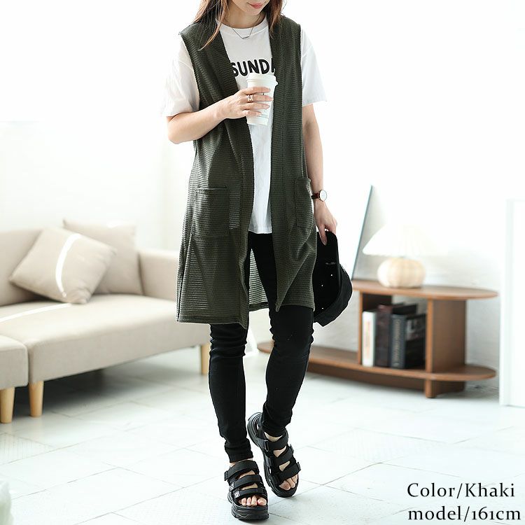 大きいサイズ レディース ポケット付き畦編みジレ　cast-5534029 【メール便可】