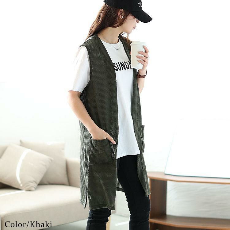 大きいサイズ レディース ポケット付き畦編みジレ　cast-5534029 【メール便可】 カーキ