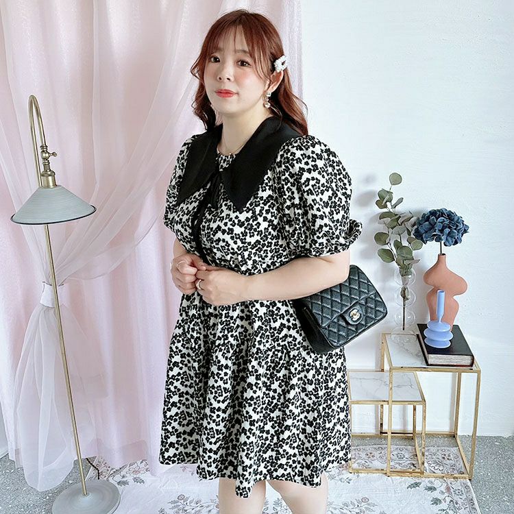 大きいサイズ レディース つけ襟付きバルーンスリーブティアードワンピース　goldy-1297