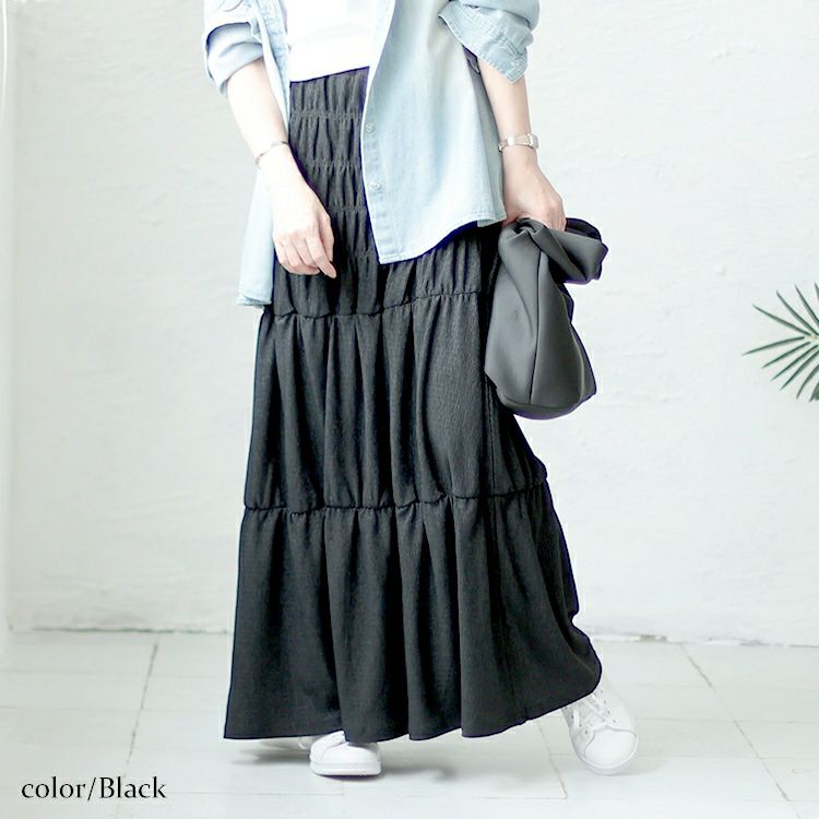 大きいサイズ レディース シャーリングロングスカート　sada-6876
