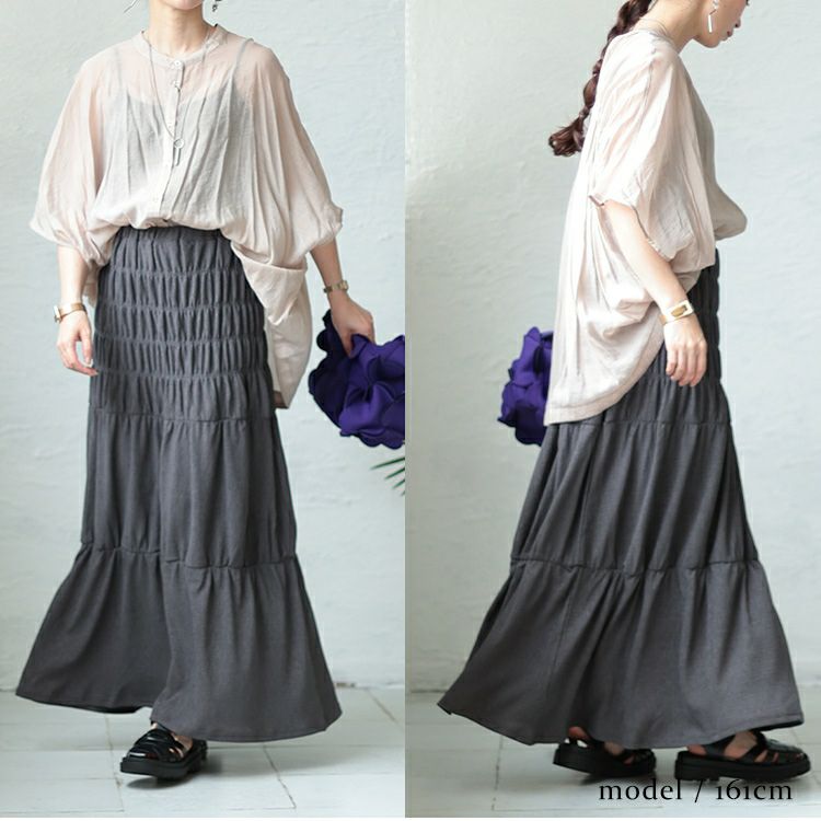 大きいサイズ レディース シャーリングロングスカート　sada-6876