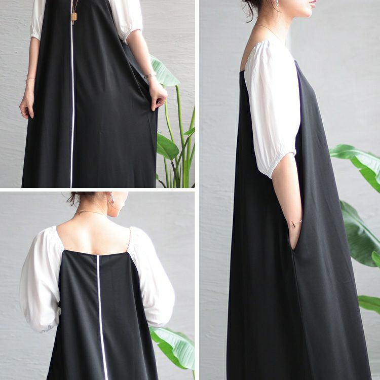 大きいサイズ レディース スクエアネック袖切替パイピングワンピース　maru-6677