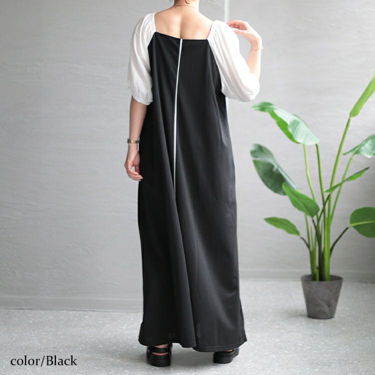 大きいサイズ レディース スクエアネック袖切替パイピングワンピース　maru-6677