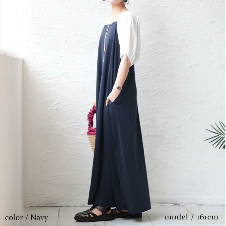 大きいサイズ レディース スクエアネック袖切替パイピングワンピース　maru-6677 ネイビー