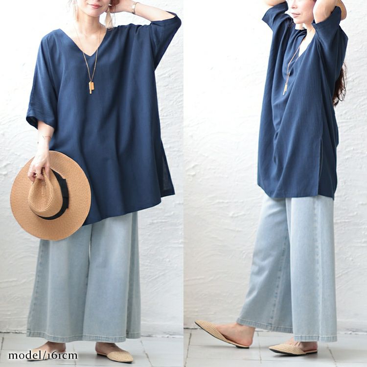 大きいサイズ レディース コットン布帛Vネックチュニック　maru-6674 【メール便可】
