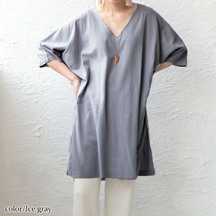 大きいサイズ レディース コットン布帛Vネックチュニック　maru-6674 【メール便可】