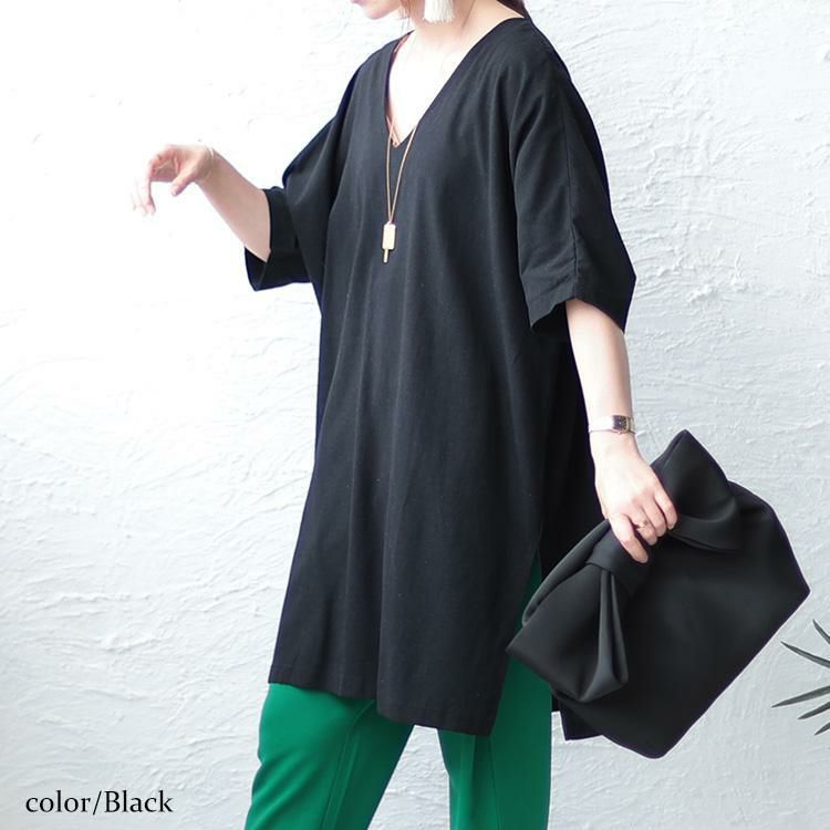 大きいサイズ レディース コットン布帛Vネックチュニック　maru-6674 【メール便可】 ブラック