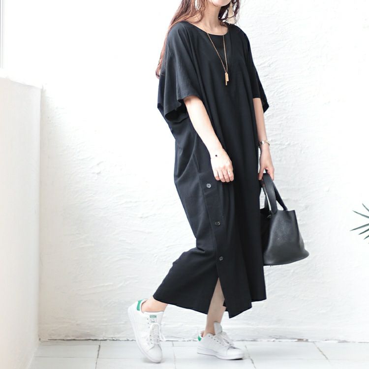 大きいサイズ レディース 深Vネックスリット入りナチュラルワンピース　maru-6673