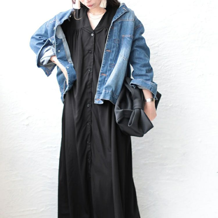 大きいサイズ レディース とろみ布帛キーネックギャザーマキシワンピース　maru-6685