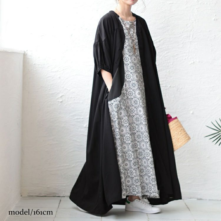 大きいサイズ レディース とろみ布帛キーネックギャザーマキシワンピース　maru-6685