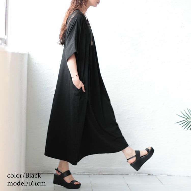 大きいサイズ レディース タック入りVネックコットンマキシワンピース　maru-6684 【メール便可】