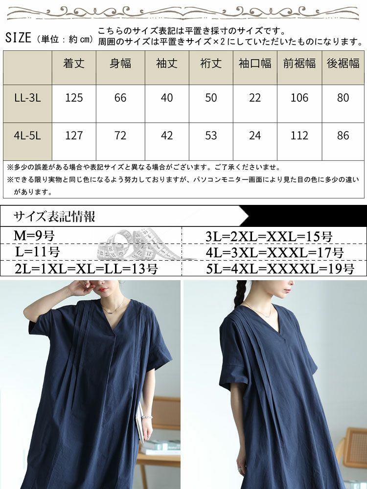 大きいサイズ レディース タック入りVネックコットンマキシワンピース　maru-6684 【メール便可】