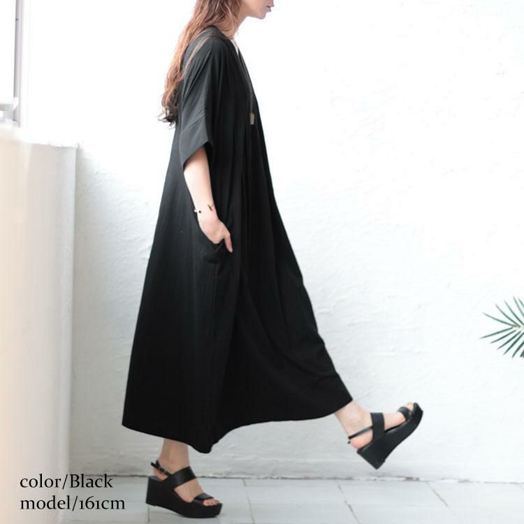 大きいサイズ レディース タック入りVネックコットンマキシワンピース　maru-6684 【メール便可】 ブラック