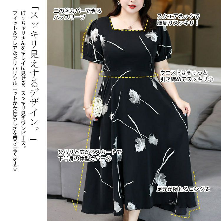 大きいサイズ レディース 花柄パフスリーブワンピース goldy-1330