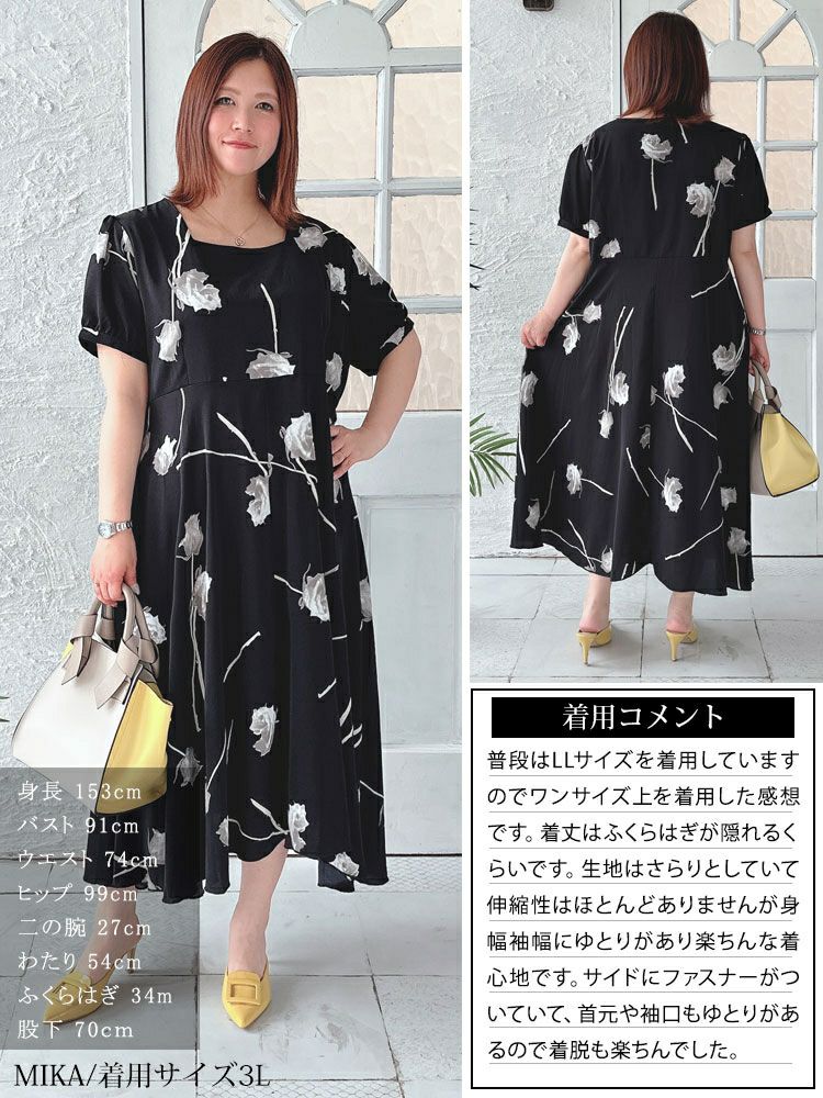 大きいサイズ レディース 花柄パフスリーブワンピース goldy-1330