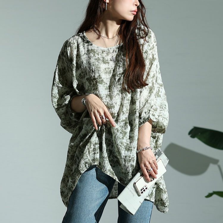 大きいサイズ レディース タイダイ柄裾タックドルマンプルオーバー　fem-384