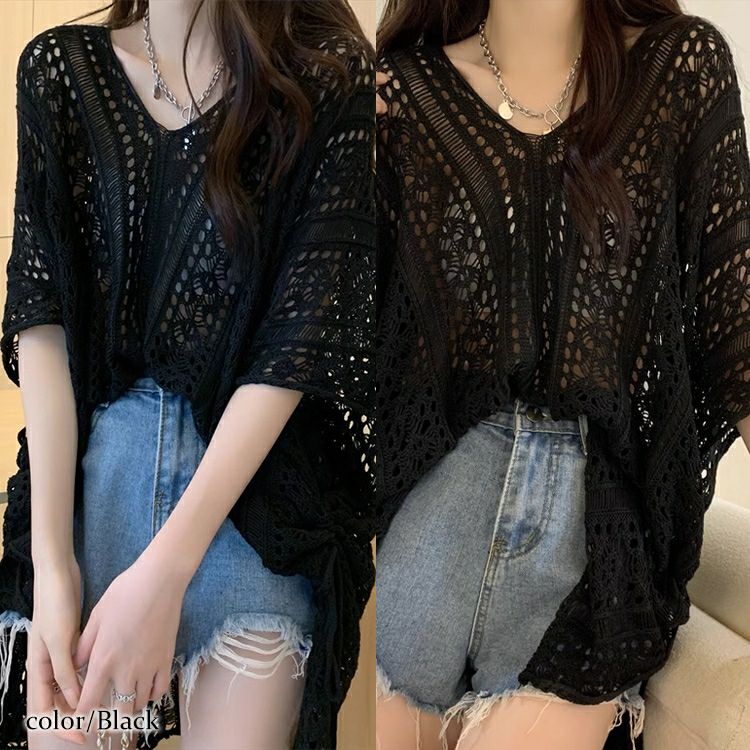 大きいサイズ レディース 透かし編みドルマンサマーニット　jps007