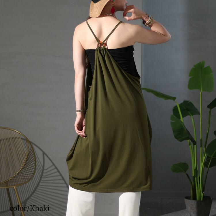 大きいサイズ レディース バックボタンデザインキャミチュニックワンピース　jp482 カーキ
