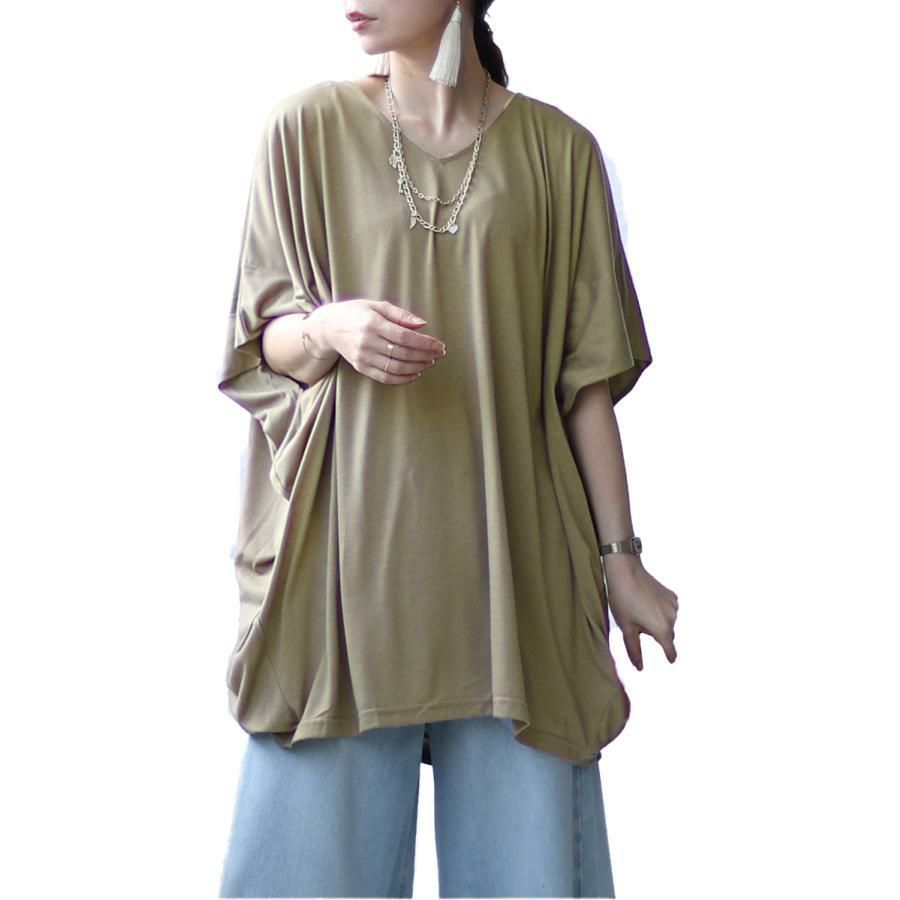 大きいサイズ レディース チュニックドルマンTシャツ　fem-375 カーキ