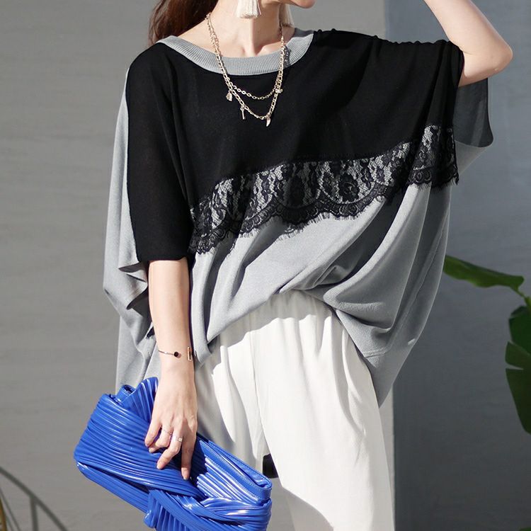 大きいサイズ レディース レースチュニックドルマンニット　bro-0020